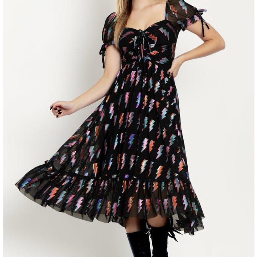 Blackmilk Ziggy Tea Party Off-Shoulder Black and Multi-Color Midi Dress - Picture 2 of 6